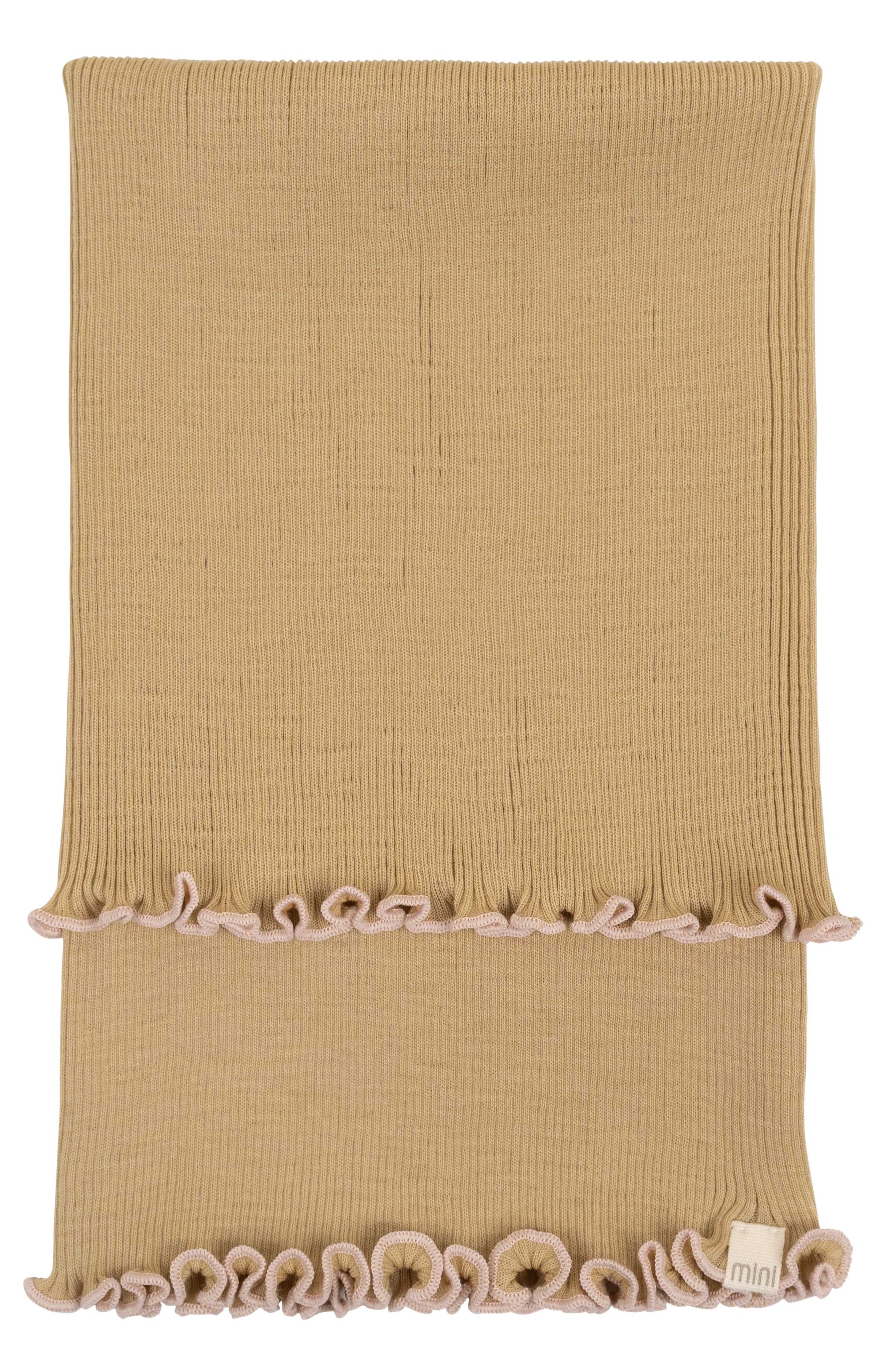„minimalisma Loop-Schal ‚Aha‘ in Hay / Pale Blush – Kinder-Schlauchschal aus 100 % Merinowolle, weich und nahtlos gestrickt, flach liegend auf hellem Hintergrund“