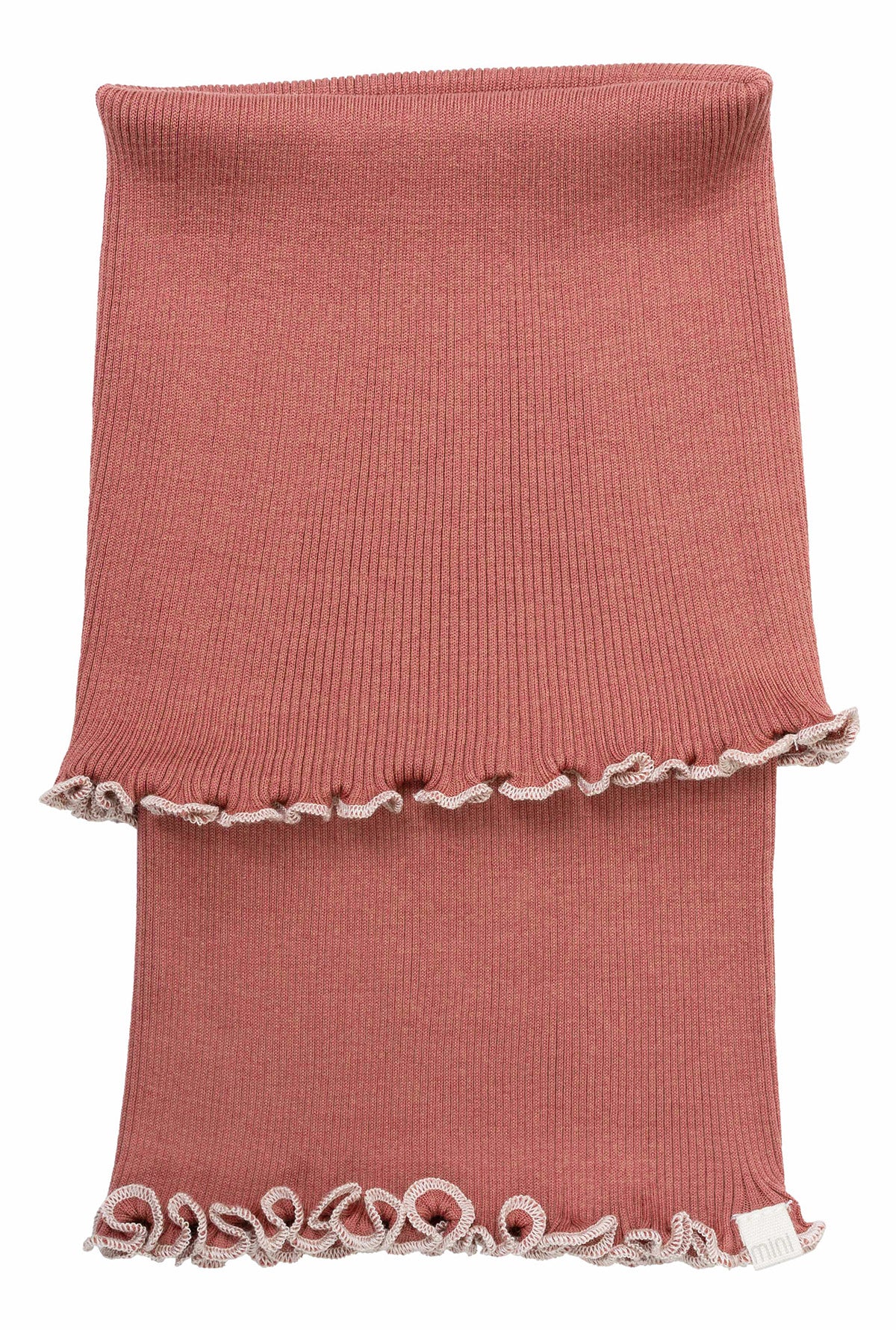 „minimalisma Loop-Schal ‚Birkin‘ in Emerald Antique Red– Kinder-Schlauchschal aus Seide-Baumwolle, weich und nahtlos gestrickt, flach liegend auf hellem Hintergrund“