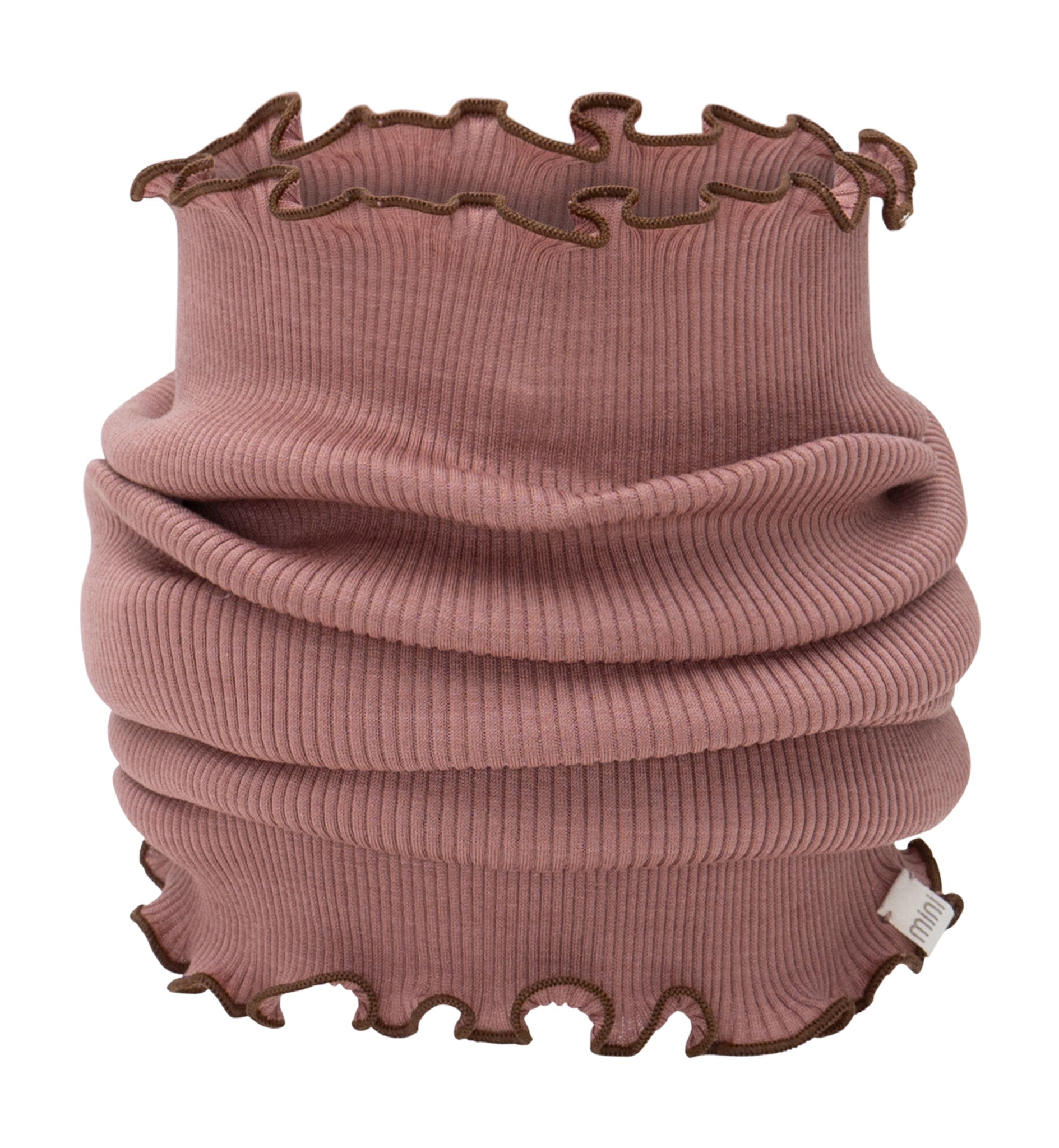 „minimalisma Loop-Schal ‚Birkin‘ in Antique Rose – Kinder-Schlauchschal aus Seide-Baumwolle, weich und nahtlos gestrickt, flach liegend auf hellem Hintergrund“