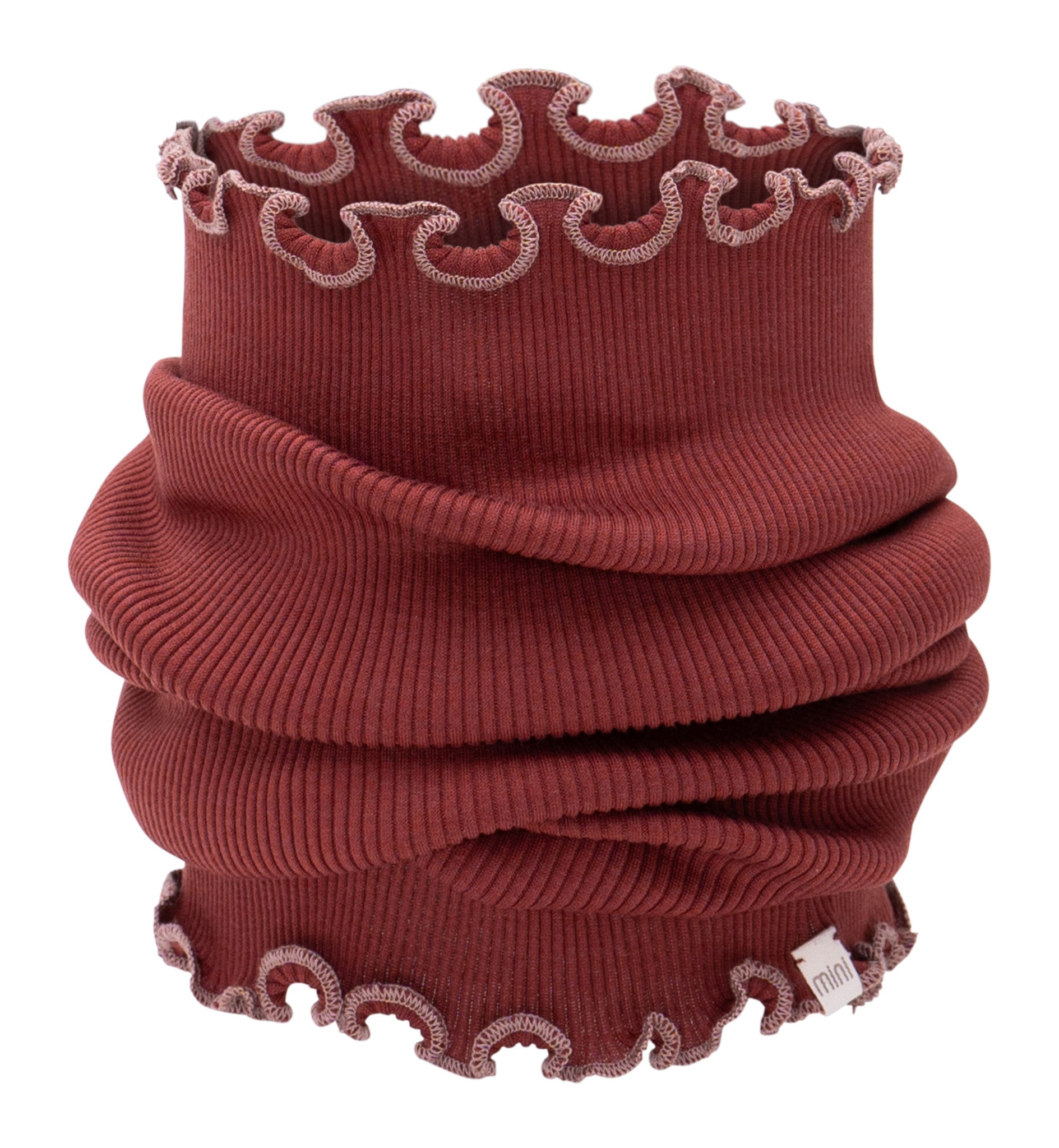 „minimalisma Loop-Schal ‚Birkin‘ in Hibiscus – Kinder-Schlauchschal aus Seide-Baumwolle, weich und nahtlos gestrickt, flach liegend auf hellem Hintergrund“