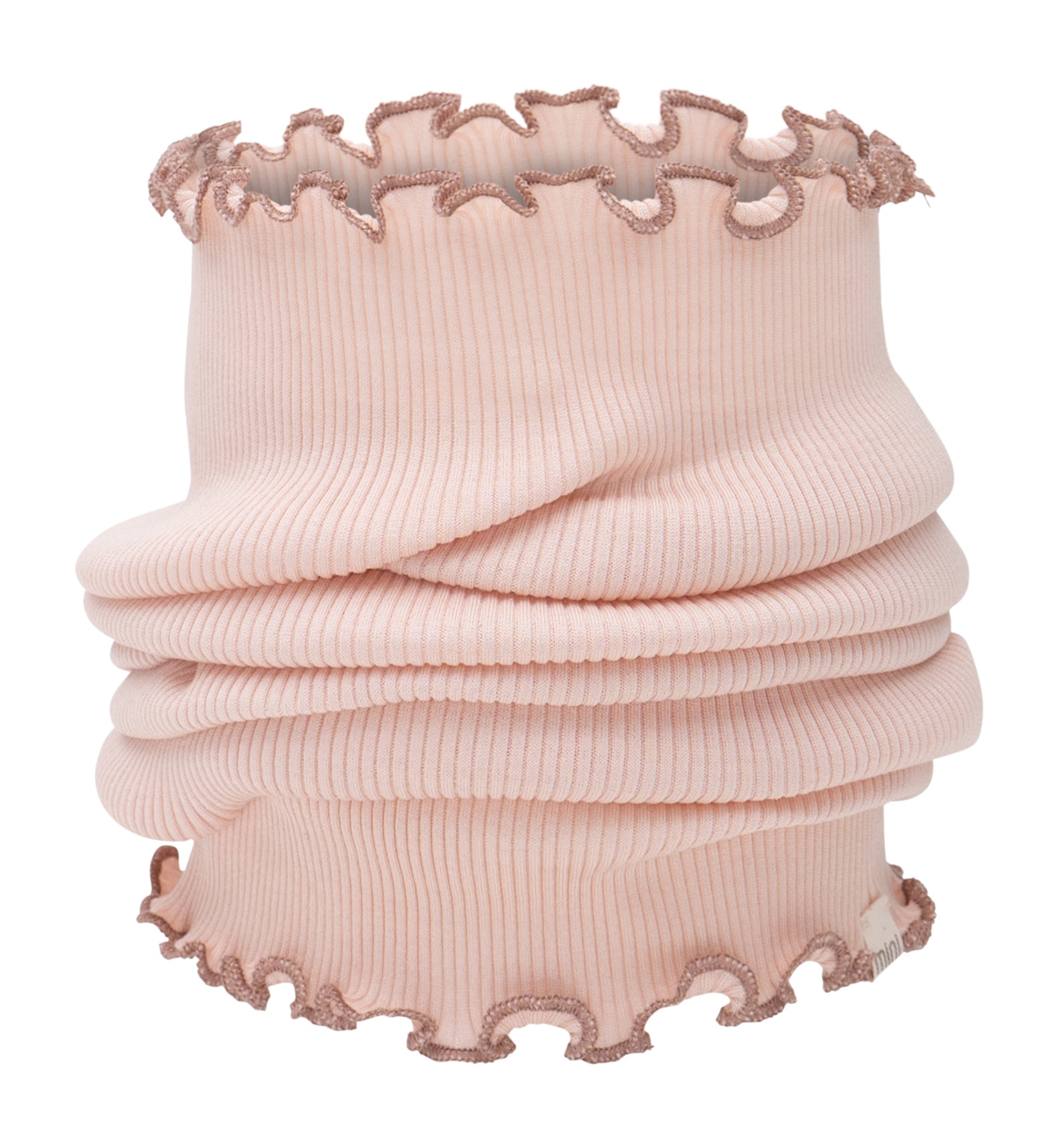 „minimalisma Loop-Schal ‚Birkin‘ in Sweet Rose – Kinder-Schlauchschal aus Seide-Baumwolle, weich und nahtlos gestrickt, flach liegend auf hellem Hintergrund“