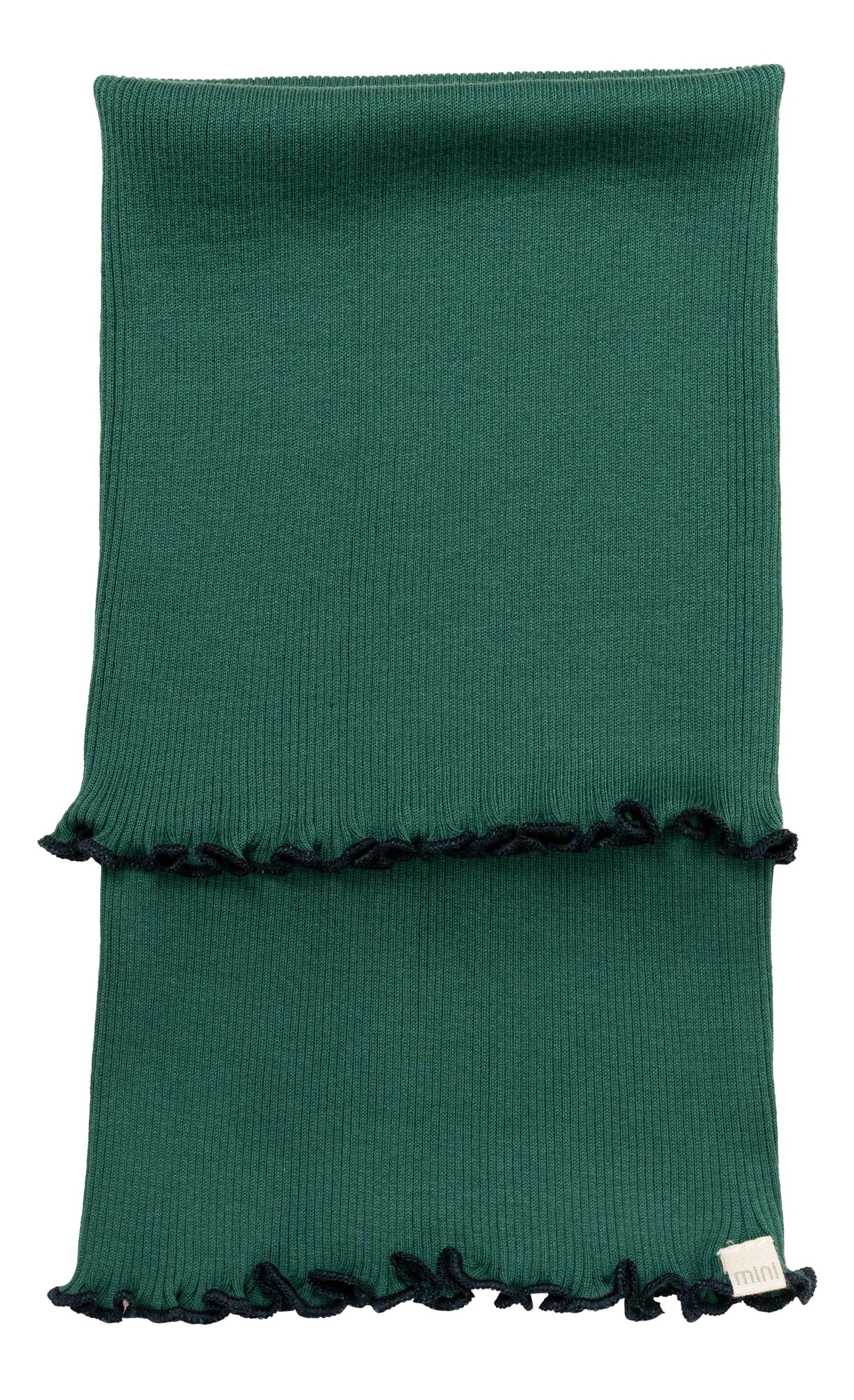 „minimalisma Loop-Schal ‚Birkin‘ in Emerald (Dark Blue) – Kinder-Schlauchschal aus Seide-Baumwolle, weich und nahtlos gestrickt, flach liegend auf hellem Hintergrund“