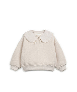Strickcardigan in Naturfarbe mit appliziertem Kragen, elastischen Bündchen und Bindegürtel, hergestellt in Portugal