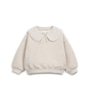 Strickcardigan in Naturfarbe mit appliziertem Kragen, elastischen Bündchen und Bindegürtel, hergestellt in Portugal