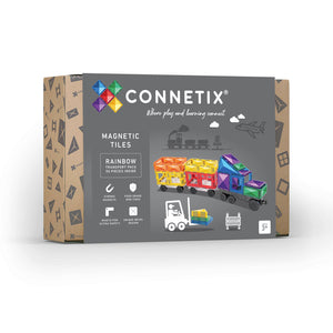 Connetix Magnetbausteine „Rainbow Transport Pack“ – 50-teiliges Set mit Magnetplatten, Rädern und Zubehör in Regenbogenfarben zum Bau von Fahrzeugen und Straßen.