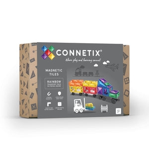 Connetix Magnetbausteine „Rainbow Transport Pack“ – 50-teiliges Set mit Magnetplatten, Rädern und Zubehör in Regenbogenfarben zum Bau von Fahrzeugen und Straßen.