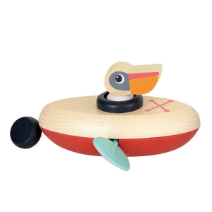 Egmont Toys Uhrwerk-Wasser-Pelikan – Holz-Kanus mit Pelikanfigur, die durch Aufziehen der Leine selbstständig durch Wasser paddelt.