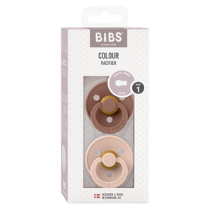 BIBS Colour Round Latex Schnuller 0–6M im 2er Pack Woodchuck/Blush – runder Naturlatex-Sauger mit leichtem, belueftetem PP-Schild.