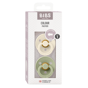 BIBS Colour Round Latex Schnuller 0–6M Ivory/Sage im 2er Pack – runder Naturlatex-Sauger mit leichtem, hautfreundlichem PP-Schild.