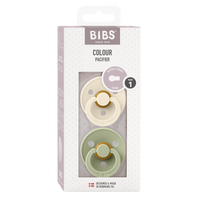 BIBS Colour Round Latex Schnuller 0–6M Ivory/Sage im 2er Pack – runder Naturlatex-Sauger mit leichtem, hautfreundlichem PP-Schild.