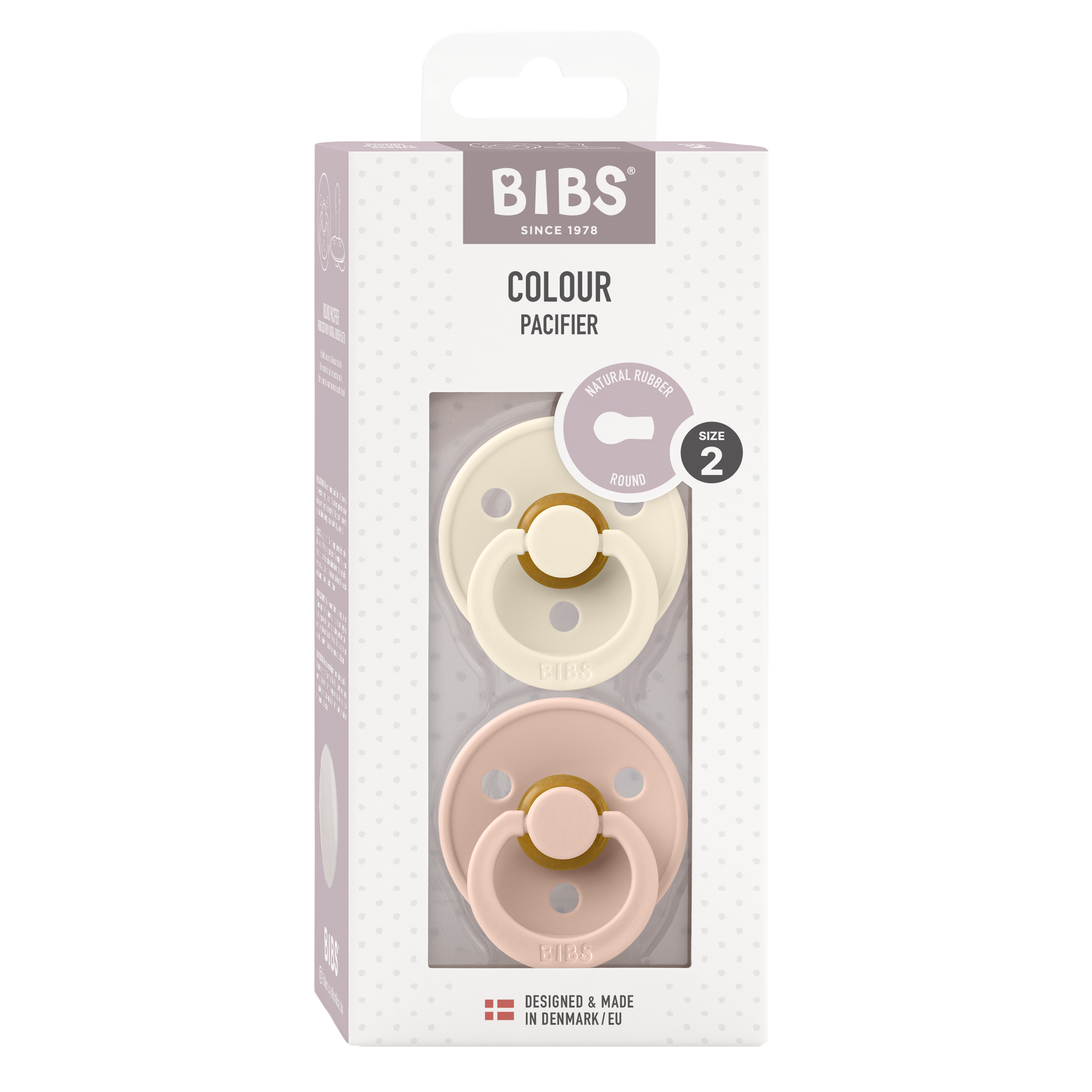 BIBS Colour Round Latex Schnuller 6–12M im 2er Pack Ivory/Blush – runder Naturlatex-Sauger mit leichtem, belueftetem PP-Schild.