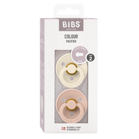 BIBS Colour Round Latex Schnuller 6–12M im 2er Pack Ivory/Blush – runder Naturlatex-Sauger mit leichtem, belueftetem PP-Schild.