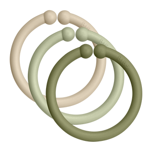 BIBS Loops 12 PACK Vanilla/Sage/Olive – flexible und BPA-freie Entwicklungsringe für Babys.