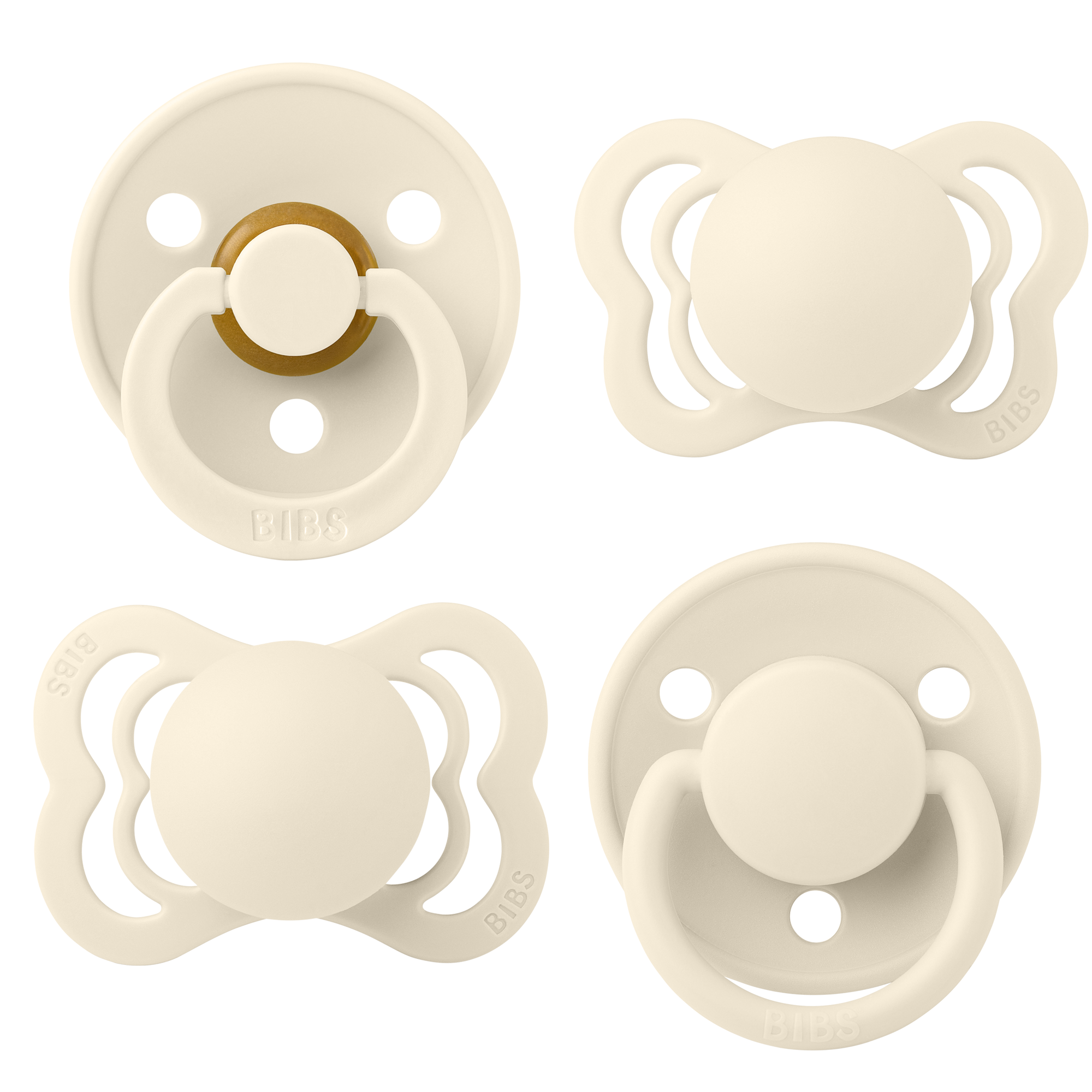 BIBS Try-It Collection 4er-Pack Ivory Schnuller Size 1 (0-6 Monate), Naturlatex & Silikon, drei Nippelformen, BPA-frei, sanftes Schild-Design