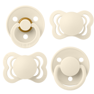 BIBS Try-It Collection 4er-Pack Ivory Schnuller Size 1 (0-6 Monate), Naturlatex & Silikon, drei Nippelformen, BPA-frei, sanftes Schild-Design
