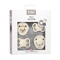BIBS Try-It Collection 4er-Pack Ivory Schnuller Size 1 (0-6 Monate), Naturlatex & Silikon, drei Nippelformen, BPA-frei, sanftes Schild-Design