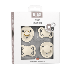 BIBS Try-It Collection 4er-Pack Ivory Schnuller Size 1 (0-6 Monate), Naturlatex & Silikon, drei Nippelformen, BPA-frei, sanftes Schild-Design