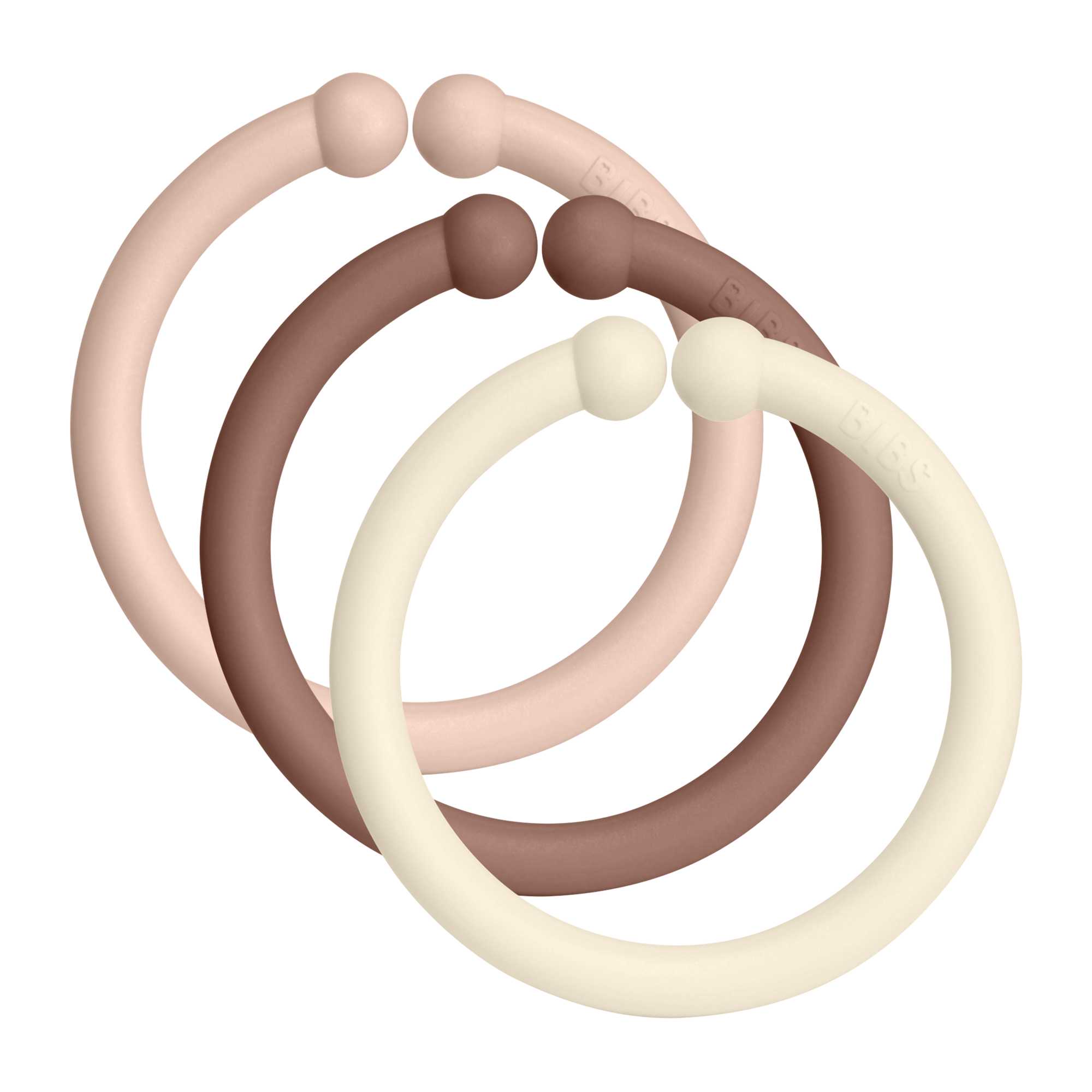 BIBS Loops 12 PACK Blush/Woodchuck/Ivory – flexible und BPA-freie Entwicklungsringe für Babys.