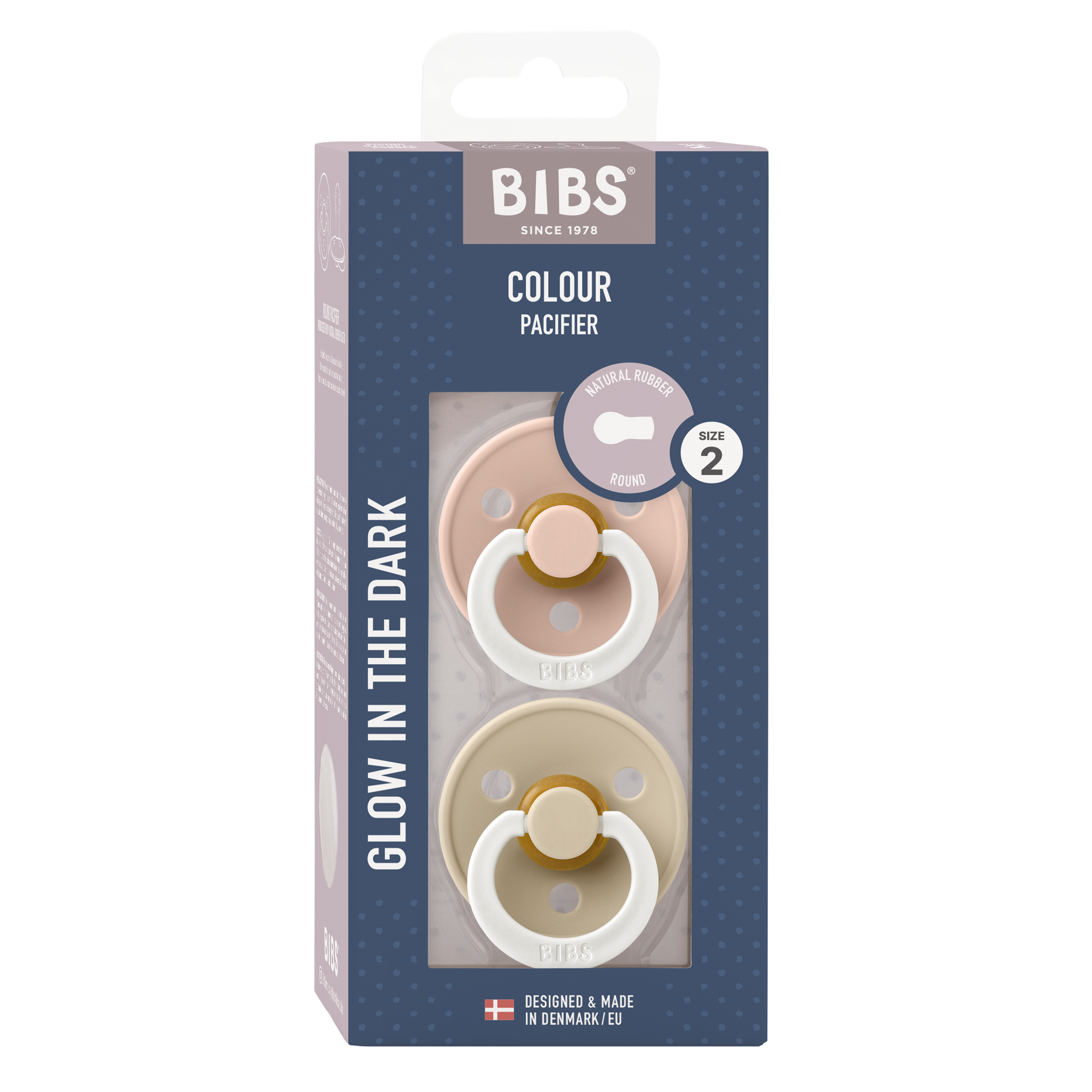 BIBS Colour 2er Pack 6–12 Monate Blush GLOW / Vanilla GLOW – runder Latex-Schnuller mit sanftem Schild und leuchtendem Glow-in-the-Dark Effekt.