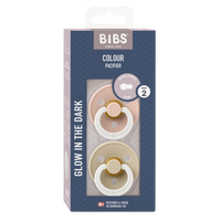 BIBS Colour 2er Pack 6–12 Monate Blush GLOW / Vanilla GLOW – runder Latex-Schnuller mit sanftem Schild und leuchtendem Glow-in-the-Dark Effekt.