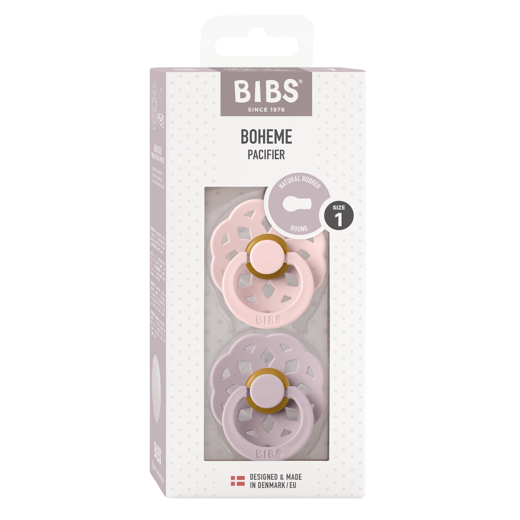 BIBS Boheme 2er Pack 0–6 Monate Blossom/Dusky Lilac – rundes Latex-Saugteil mit sanftem Schild und hautnaher Softness.