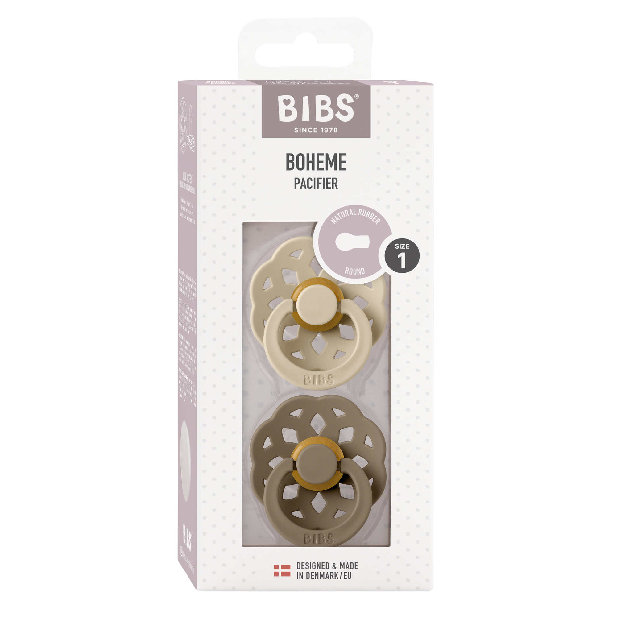 BIBS Boheme 2er Pack 0–6 Monate Vanilla/Dark Oak – rundes Latex-Saugteil mit sanftem Schild und hautnaher Softness.