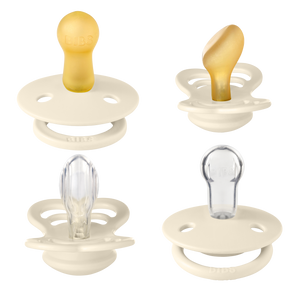 BIBS Try-It Collection 4er-Pack Ivory Schnuller Size 1 (0-6 Monate), Naturlatex & Silikon, drei Nippelformen, BPA-frei, sanftes Schild-Design