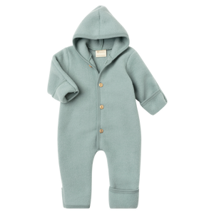 Baby Overall aus Wolle – Wollfleece mit Kapuze, 100% Bio Merino | Bergblau Melange
