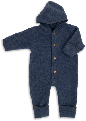 „Engel Wollfleece Overall mit Kapuze in Blau Melange – Baby-Overall aus Merino-Wolle mit Holzknöpfen, GOTS-zertifiziert und fair produziert in Deutschland“
