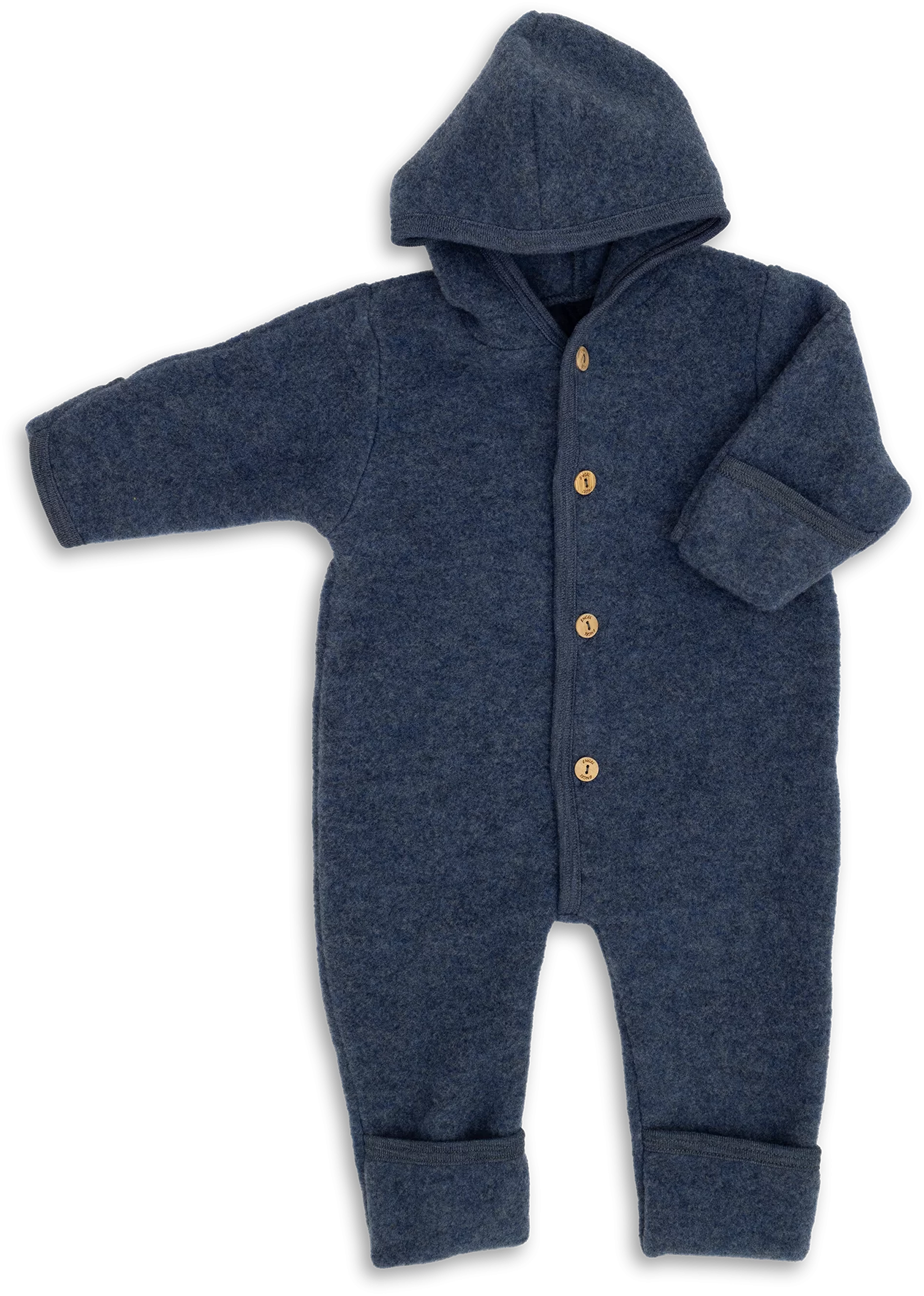 „Engel Wollfleece Overall mit Kapuze in Blau Melange – Baby-Overall aus Merino-Wolle mit Holzknöpfen, GOTS-zertifiziert und fair produziert in Deutschland“