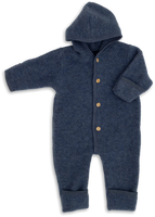 „Engel Wollfleece Overall mit Kapuze in Blau Melange – Baby-Overall aus Merino-Wolle mit Holzknöpfen, GOTS-zertifiziert und fair produziert in Deutschland“