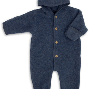 Engel Baby-Kapuzenoverall, mit Knöpfen und Arm- & Beinumschlag, Wolle in Blau Melange