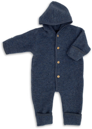 Engel Baby-Kapuzenoverall, mit Knöpfen und Arm- & Beinumschlag, Wolle in Blau Melange