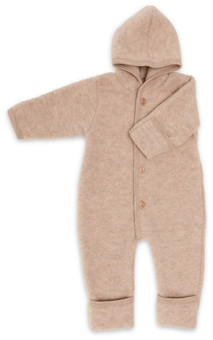 Engel Baby-Kapuzenoverall, mit Knöpfen und Arm- & Beinumschlag, Wolle in Sand Melange