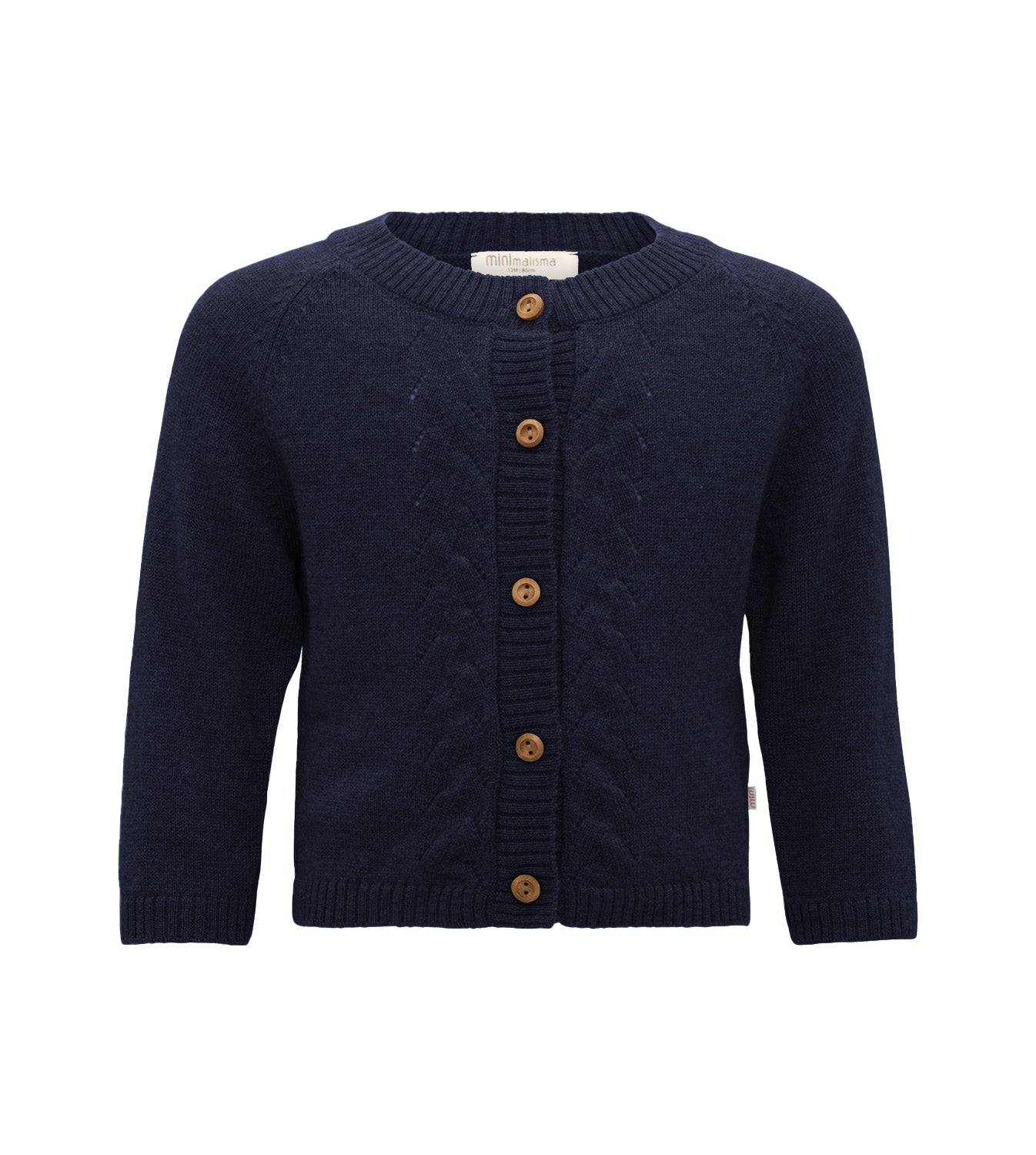„minimalisma Strickjacke ‚Inka‘ in Dark Blue– weiche Kinder-Strickjacke aus 100 % Merinowolle, mit Knopfleiste, flach liegend auf hellem Hintergrund“