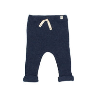 „Búho Waffel Leggings in Navy mit elastischem Bund, Baumwollkordel und umgeschlagenem Saum – bequeme Babyhose aus Waffelstrick“