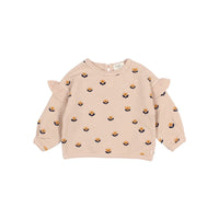 Rosafarbenes Búho Kinder-Sweatshirt mit „naïf“-Print und Rüschen an den Schultern, aus weichem Fleece