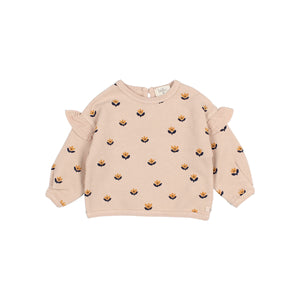 Rosafarbenes Búho Kinder-Sweatshirt mit „naïf“-Print und Rüschen an den Schultern, aus weichem Fleece