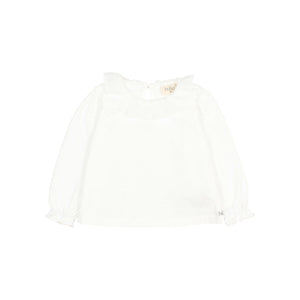 "Buho Ruffle T-Shirt – Langarmshirt mit Rüsche am Kragen und Tropfenverschluss hinten, Kinderkleidung aus Baumwolle"