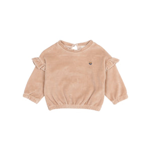 Rosa Samt-Sweatshirt von Búho für Kinder mit Blumenstickerei, Rüschen an den Schultern und Tropfenverschluss am Rücken.