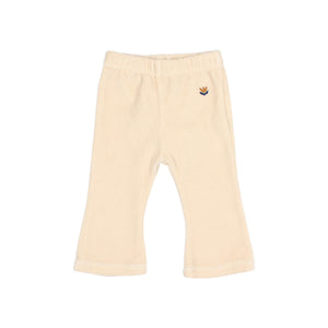 Flared Samtleggings in Ivory mit ausgestelltem Bein und feiner Blumenstickerei seitlich