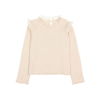 Búho Langarmshirt aus Lurex in Ivory mit Rüschen und Rückenausschnitt