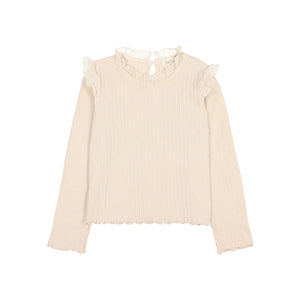 Búho Langarmshirt aus Lurex in Ivory mit Rüschen und Rückenausschnitt