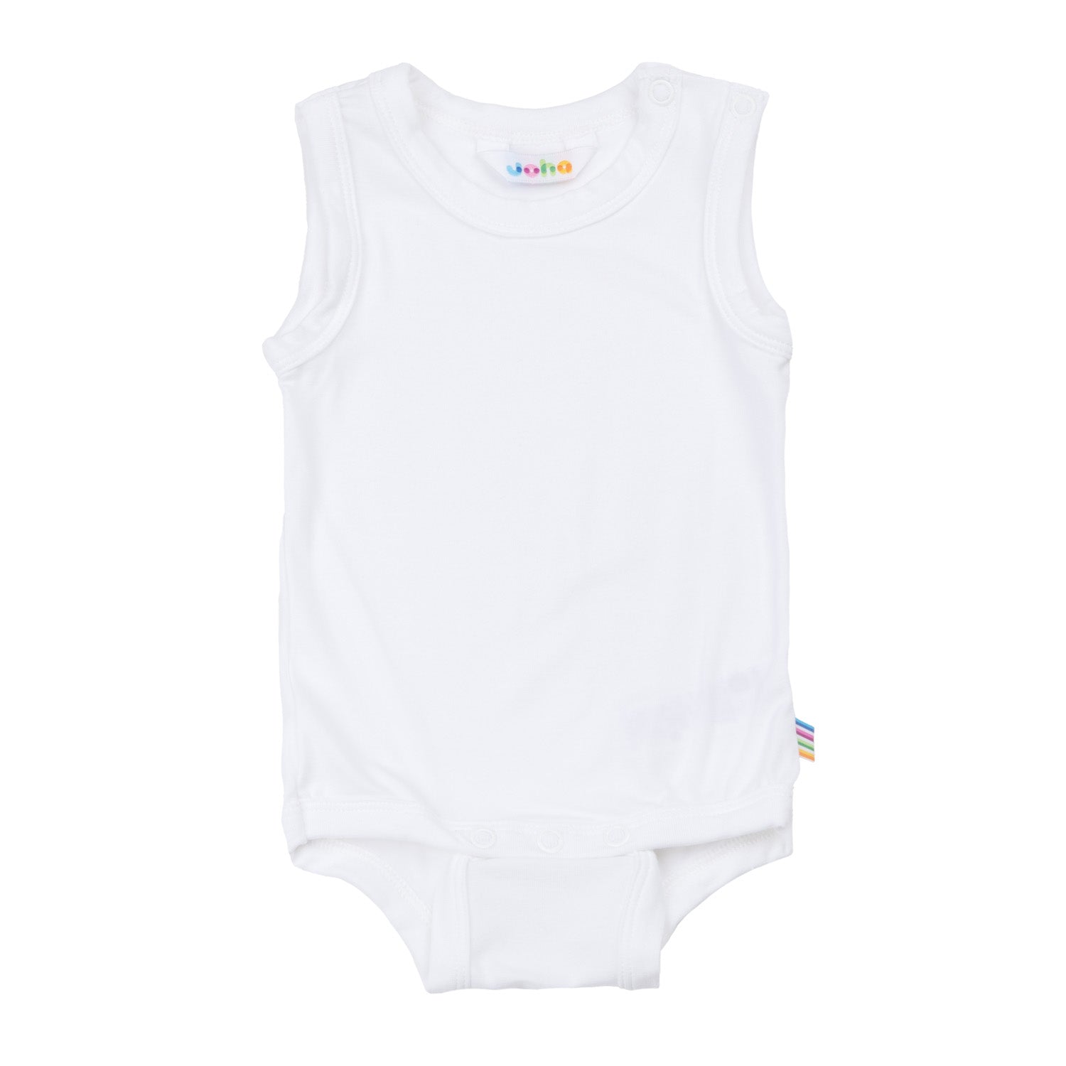 Joha ärmelloser Body aus weisser Bio-Bambusfaser – weich, leicht, dehnbar und hautfreundlich, ideal für Babys im Sommer.