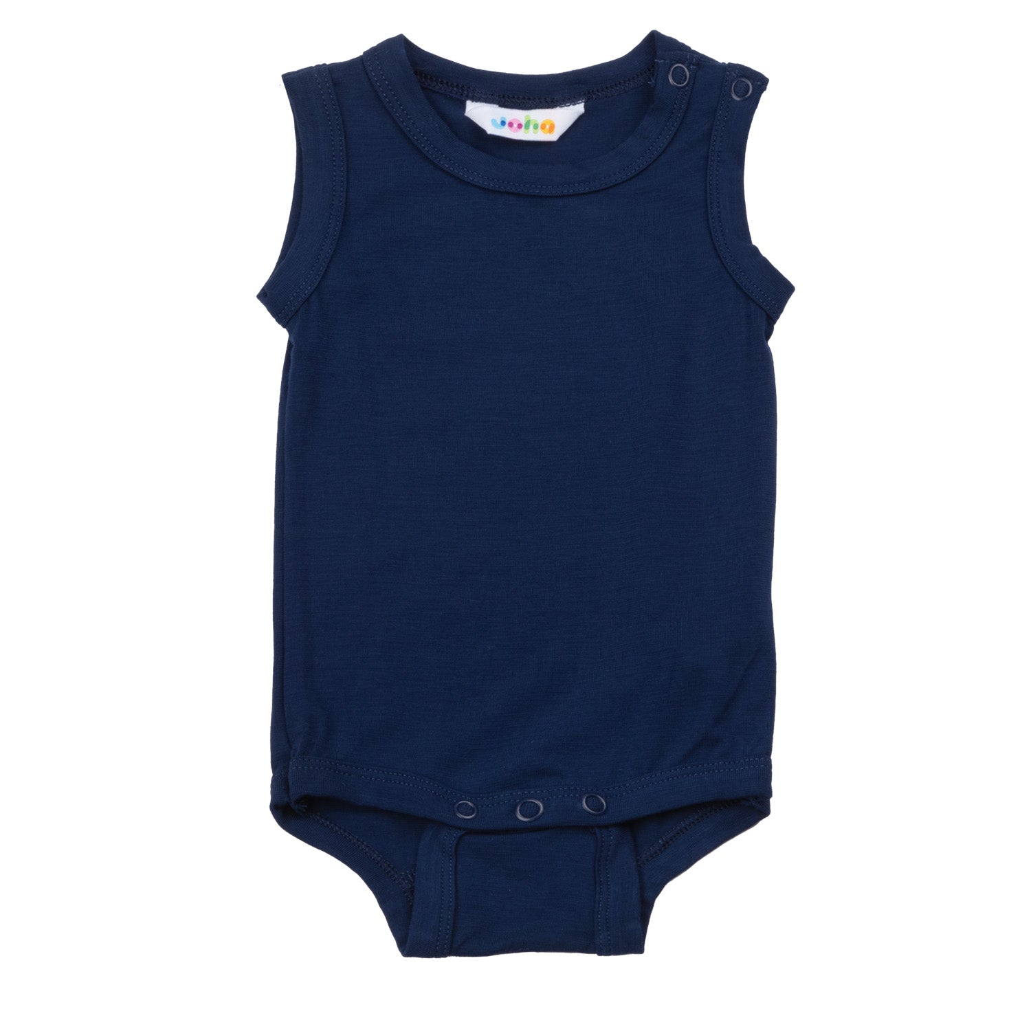Joha ärmelloser Body aus dunkelblauer Bio-Bambusfaser – weich, leicht, dehnbar und hautfreundlich, ideal für Babys im Sommer.