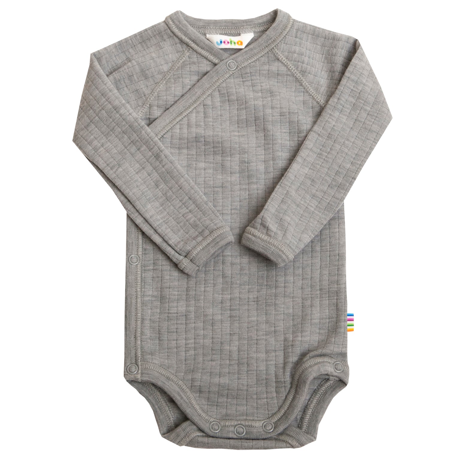Joha Wickelbody aus Merinowolle in Grey Melange – weicher Babybody mit Wickelverschluss für Neugeborene und empfindliche Haut.