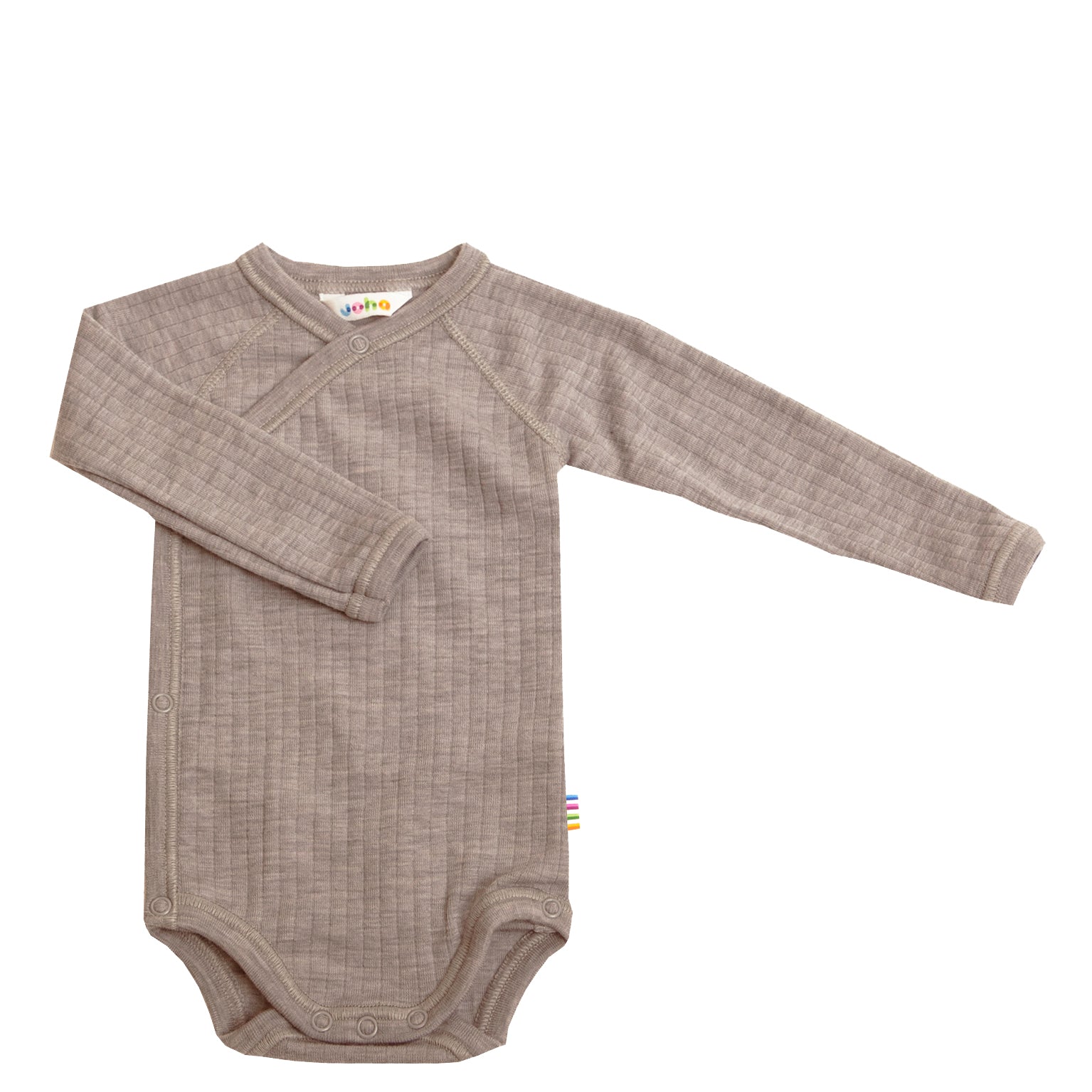 Joha Wickelbody aus weicher Merinowolle in Sesame Melange – langarm, temperaturregulierend und perfekt für Babys mit sensibler Haut.