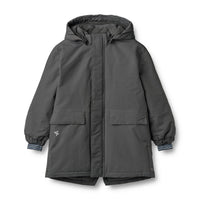 Parka Jello in Black Sea aus recyceltem Nylon mit abnehmbarer Kapuze, Fleece-Futter und Reflektoren.