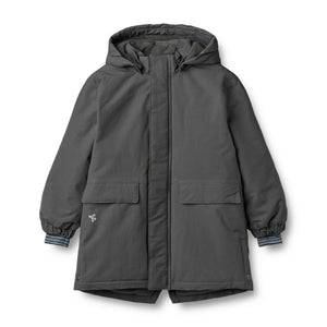 Parka Jello in Black Sea aus recyceltem Nylon mit abnehmbarer Kapuze, Fleece-Futter und Reflektoren.