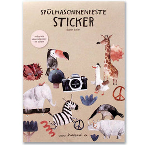 Halfbird Super Safari Stickerbogen mit 6 spülmaschinenfesten Vinyl-Stickern für Trinkflaschen, Brotdosen und Tassen.